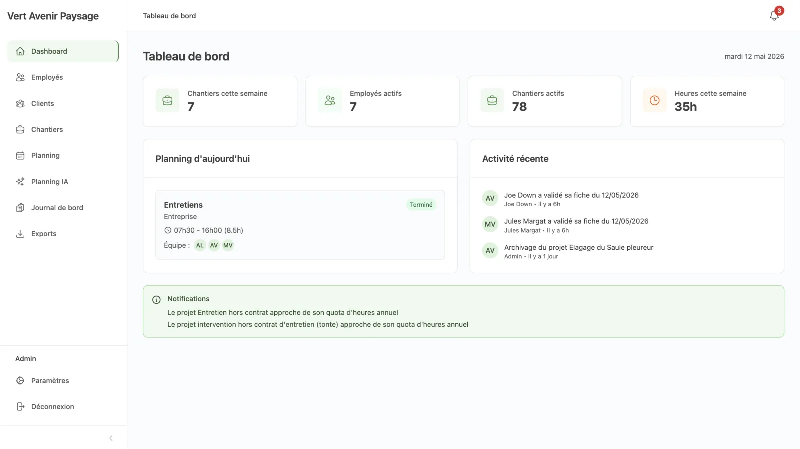 Application de gestion de chantiers Vert Avenir Paysage